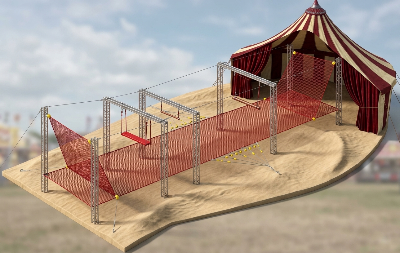 Schéma technique de l'installation de cirque : filets inclinés, cordages, pattes d'oies, cosses et plateau de réception